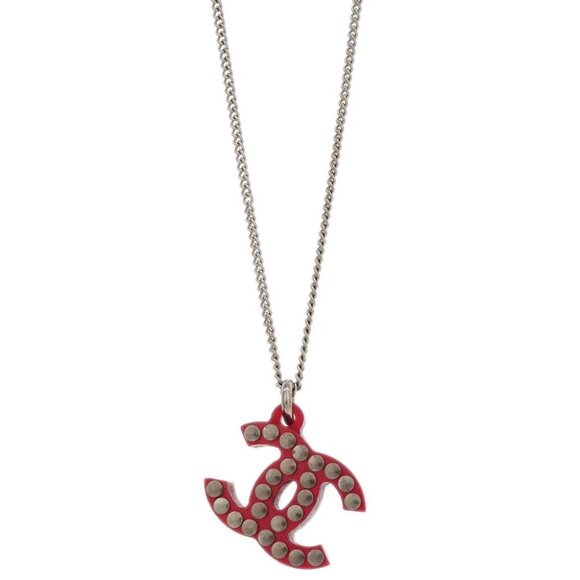 Chanel CC Chain Pendant Necklace Acrylic Silver Red 05P - Picture 1 of 4